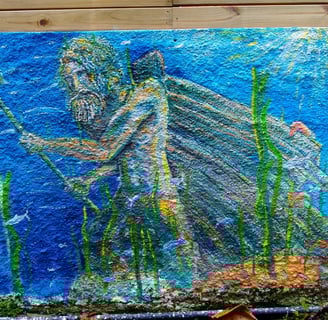 détail d'une peinture murale représentant poseidon sur la coque d'un bateau échoué au fond de l'océan