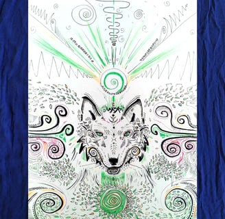 illustration aux feutres fins représentant un loup ou un renard, avec des formes psychédéliues végétales