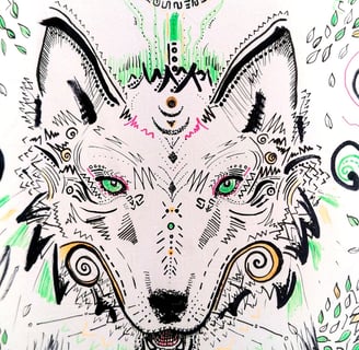 illustration aux feutres fins représentant un loup ou un renard, avec des formes psychédéliues végétales
