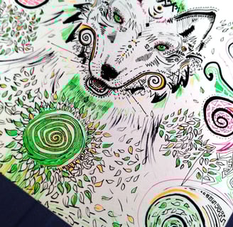 illustration aux feutres fins représentant un loup ou un renard, avec des formes psychédéliues végétales
