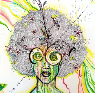 illustration représentant une femme avec psychédélie dans les yeux, et cheveux faits de feuillage