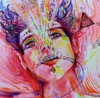 détails autoportrait de Naía à l'aquarelle aux tons rouges, avec un flux d'information qui s'échappe de sa bouche