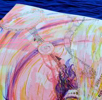 détails autoportrait de Naía à l'aquarelle aux tons rouges, avec un flux d'information qui s'échappe de sa bouche