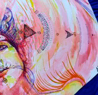 détails autoportrait de Naía à l'aquarelle aux tons rouges, avec un flux d'information qui s'échappe de sa bouche