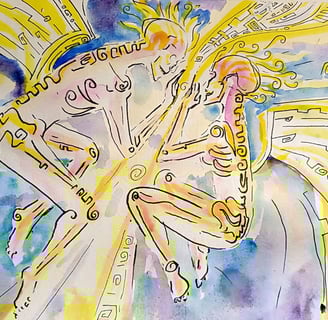 work in progress d'une Illustration à l'aquarelle de la rencontre deux âmes ailées dans un décor galactique
