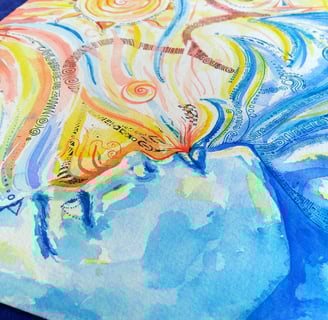 Paysage marin agité à l'aquarelle et psychédélies sur des tons orangés et bleus
