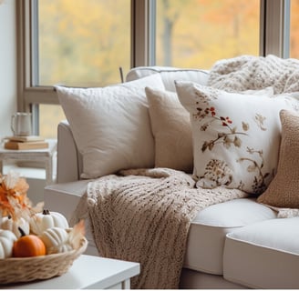 a couch with pillows and a throw on it