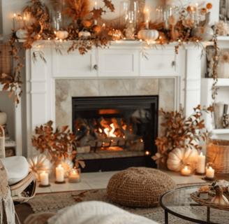 a living room with a fireplace decorated with fall elements