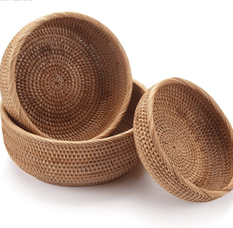 three round shaped woven baskets 