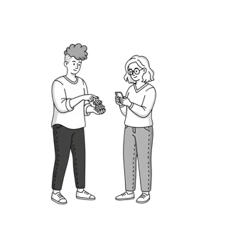 A minimalist black and white illustration of two adults, one showing a fidget toy to another who is