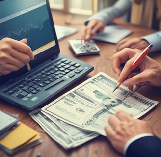 A person holding a house key in front of a calculator
