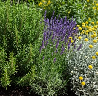 Bordura de jardín con plantas aromáticas como Romero, Lavanda y Santolina.