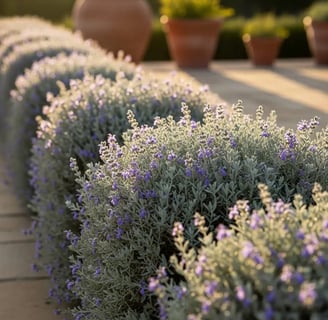 Teucrium alineado y recortado en flor. Ideal bordura