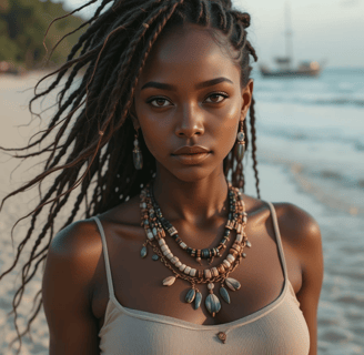 a woman with long hair and a necklace