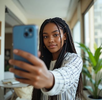 a woman with long hair and a blue shirt is taking a selfie