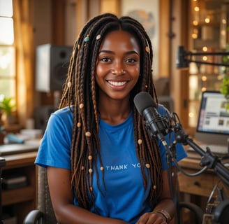a woman in a blue shirt and a microphone
