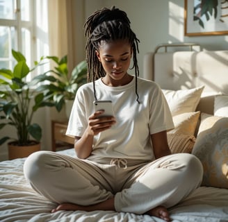 a woman sitting on a bed with a cell phone