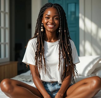 a woman with dreadlocks sitting on a bed