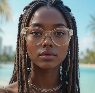a woman with glasses and a necklace with a chain link