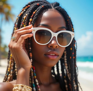 a woman with long hair and sunglasses on a beach