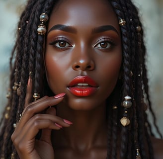 a woman with long hair and red lipstick