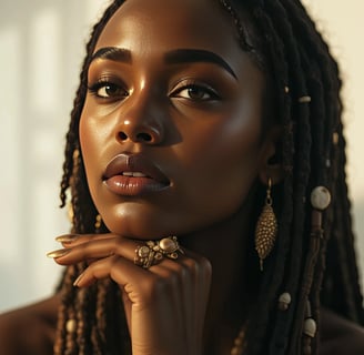 a woman with long hair and jewelry