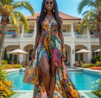 a woman in a colorful dress standing in front of a pool