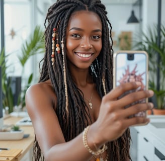 a woman with long hair and dreadlocks is taking a selfie