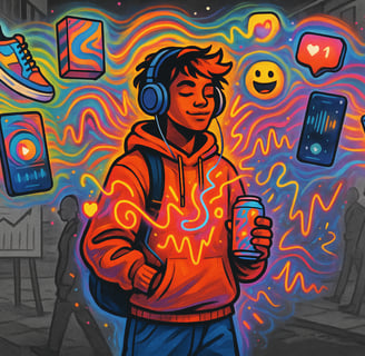A colorful, surreal street scene showing one vibrant figure surrounded by emojis, soundwaves, and br