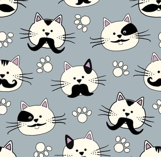 fabric for cat toys with cats, mustaches and paws on a grey background