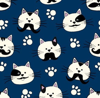 fabric for cat toys with cats, mustaches and paws on dark blue