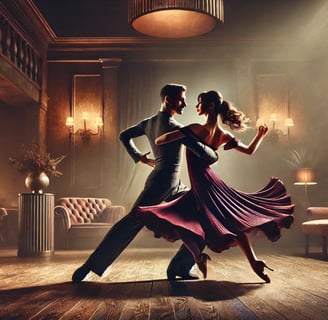 a couple dancing in a room with a couch and a chair