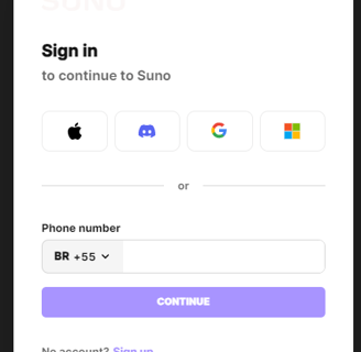 tela de login do Suno