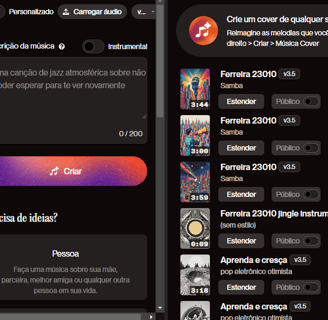 Tela de criação de música no Suno