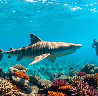 a shark shark in the ocean with a diver in the background