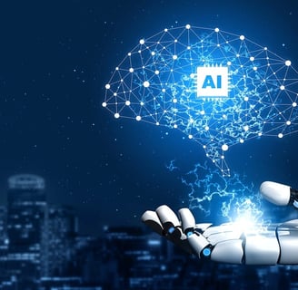 a robot hand holding a lit up brain brain