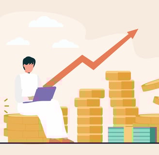 a man sitting on a pile of coins and a laptop