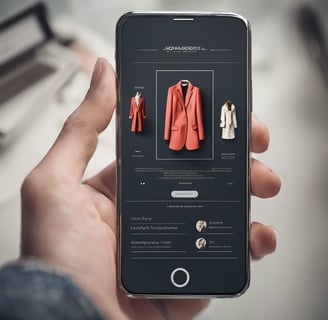 A smartphone displaying a fashion browsing interface. The screen shows images of models wearing designer clothing, with names like Oscar de la Renta and Roland Mouret prominently displayed. The phone is placed on a wooden table.