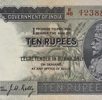 Burma Banknote Overprint King George 5 10 Rupees
