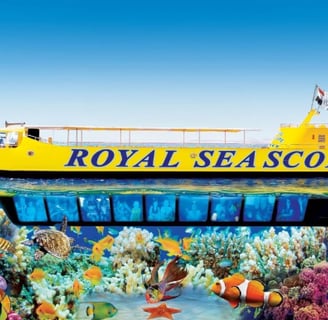 Underwater observation deck viewing Red Sea coral reefs in Hurghada.