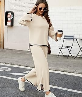 Woman wearing a cozy, lightweight 2-piece travel outfit with a pullover top and wide-leg knit pants.