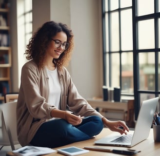 a woman sitting at a desk with a laptop and a notebook