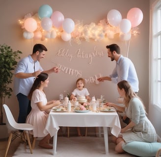 A festive arrangement features pink, purple, and white balloons surrounding a backdrop with 'One Happy Birthday' written in gold glitter letters. Decorations include small butterfly stickers on some balloons and tables laid out with gift bags and jars filled with colorful candies.