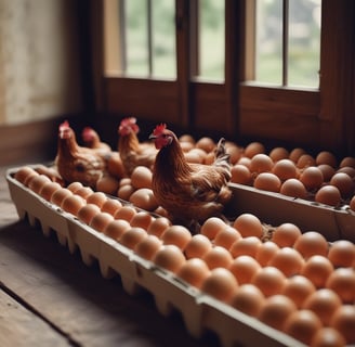 a group of chickens standing in a row of eggshells