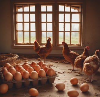 chickens and eggs in a basket on a table