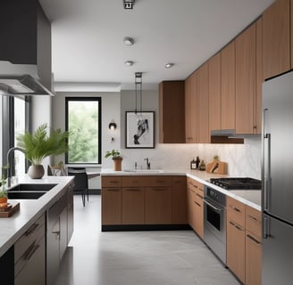 A modern kitchen features natural wood cabinets with a U-shaped configuration. The countertops are brown and complement the beige tiled floor. A stainless steel double sink with a chrome faucet is centrally located under the cabinets, while a black gas stove with an overhead range hood is on the right. Recessed ceiling lights brighten the space, and a dark kitchen mat is placed on the floor.