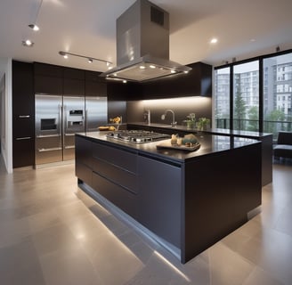 A modern kitchen setup featuring dark wood cabinetry with a glossy finish. The kitchen includes a stainless steel double sink and a gas stove with a steel hood. Under-cabinet lighting highlights the sleek and minimalistic design. Posters and informational sheets are displayed on the wall behind the sink. The flooring is made of light wood with a smooth finish.