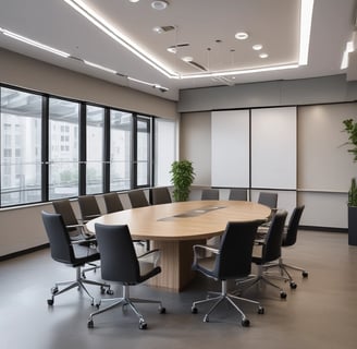 A modern office space featuring a wooden desk with a large monitor and a sleek computer setup. An orange upholstered chair is positioned in front of the desk. There is soft lighting and a window with horizontal blinds, casting a warm ambiance.