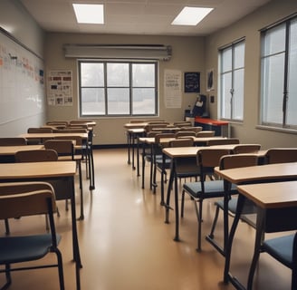 A modern office with a long wooden conference table surrounded by black chairs. The back wall features wooden slats and shelves displaying trophies and decorative items. A circular ceiling light hangs above the table, and natural light enters from windows on the side.