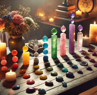 Un setup de cristaux pour alignement des chakras. La table basse est composée de pierres et cristaux alignés a